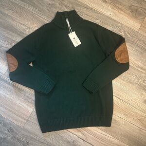Hope & Henry Mock Sweater Zip Up Green Christmas Elbow Patches